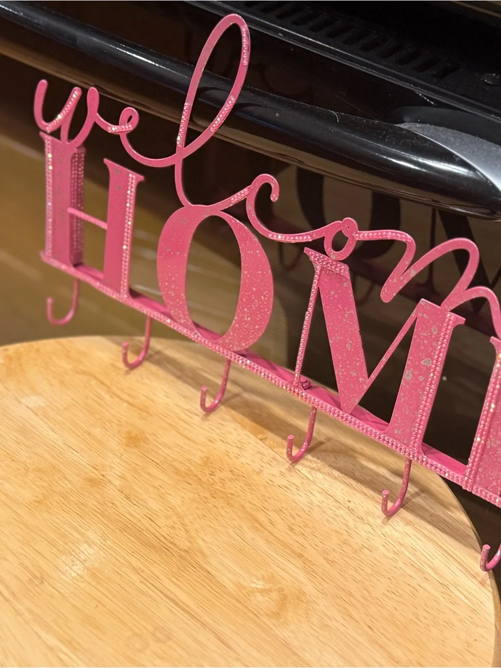 “Welcome Home “Pink Wall Hook Rack for keys Rhinestone accents
